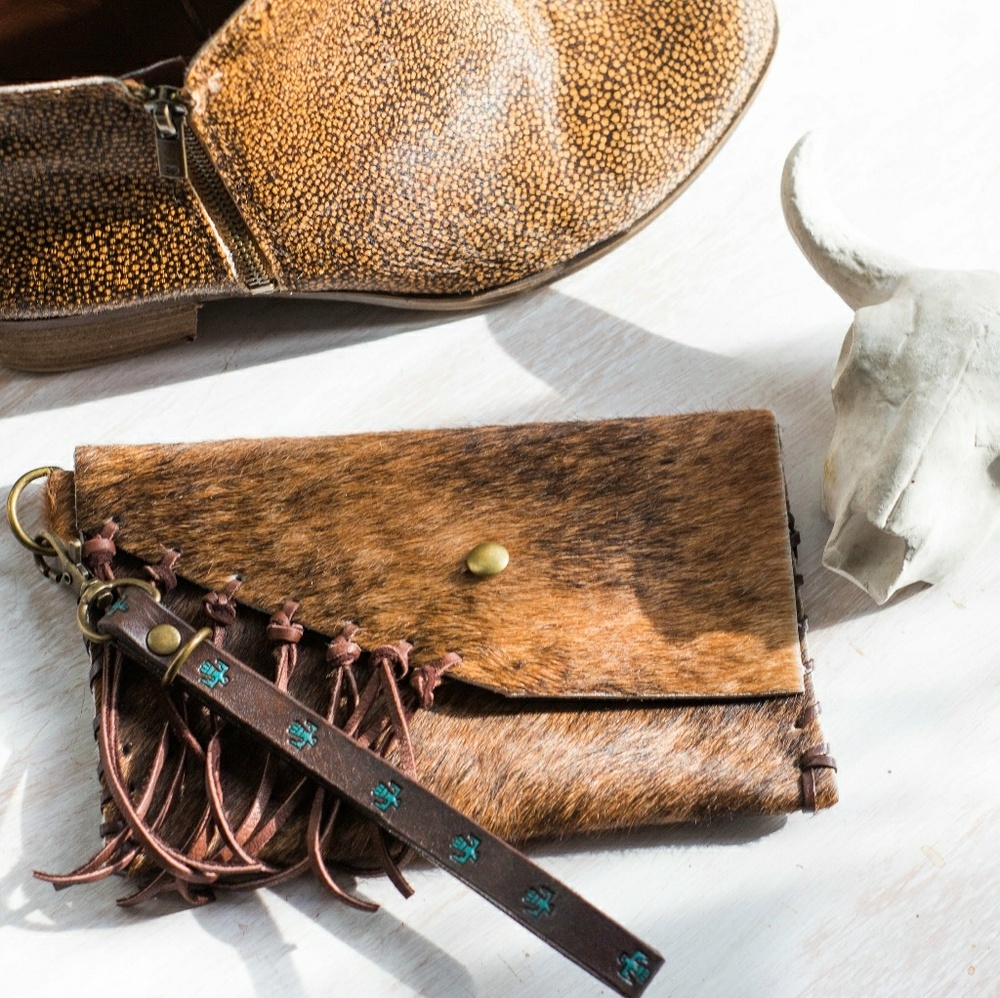 Cowhide Fringe Clutch Wristlet pouch boho leather